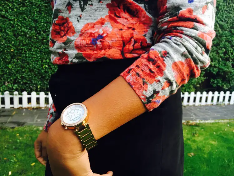 Floral top with black button skirt and michael kors watch - Rashitup