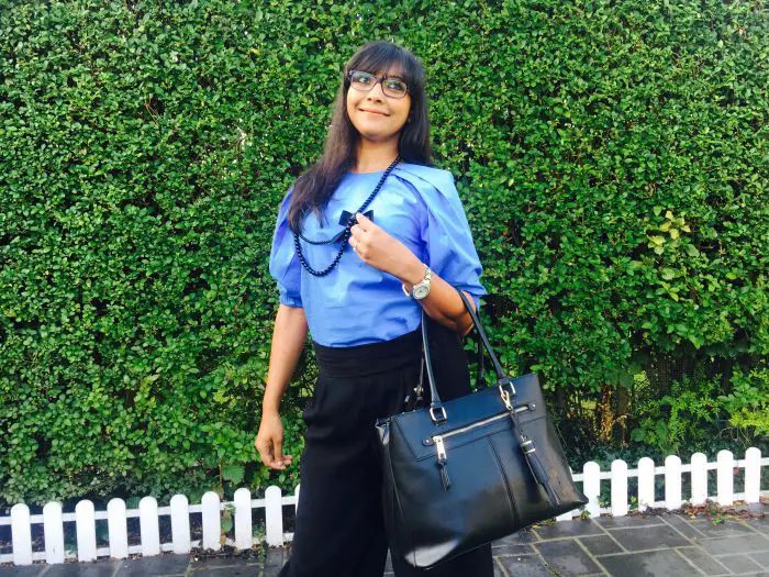 Formal office look - Blue Top Black Trousers black handbag