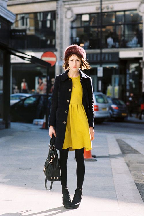 Mustard Dress with Black Shoes 