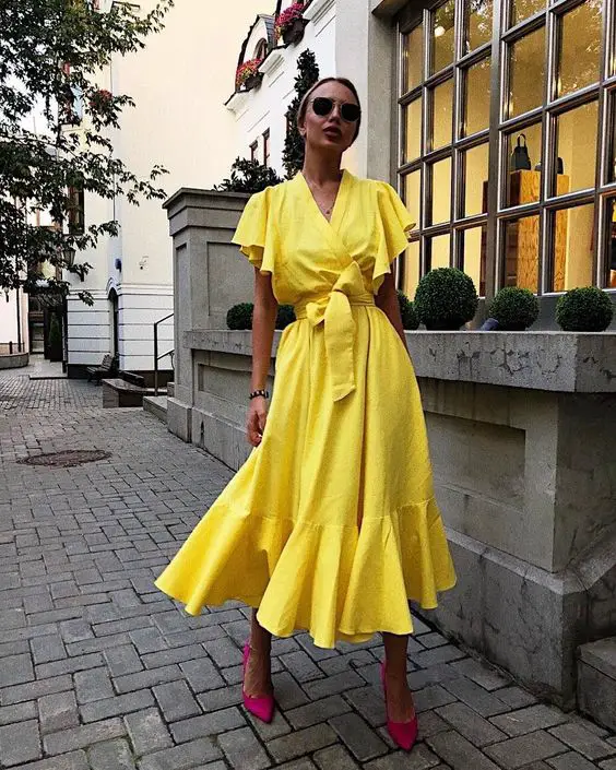 Mustard Dress with Pink Shoes 