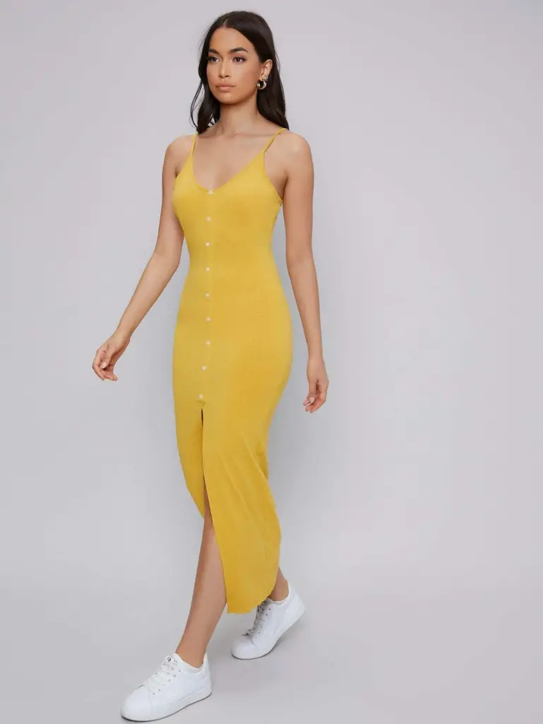 Yellow Dress with slit, worn with White Sneakers