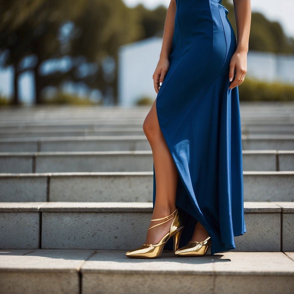Blue Dress with Gold Heels