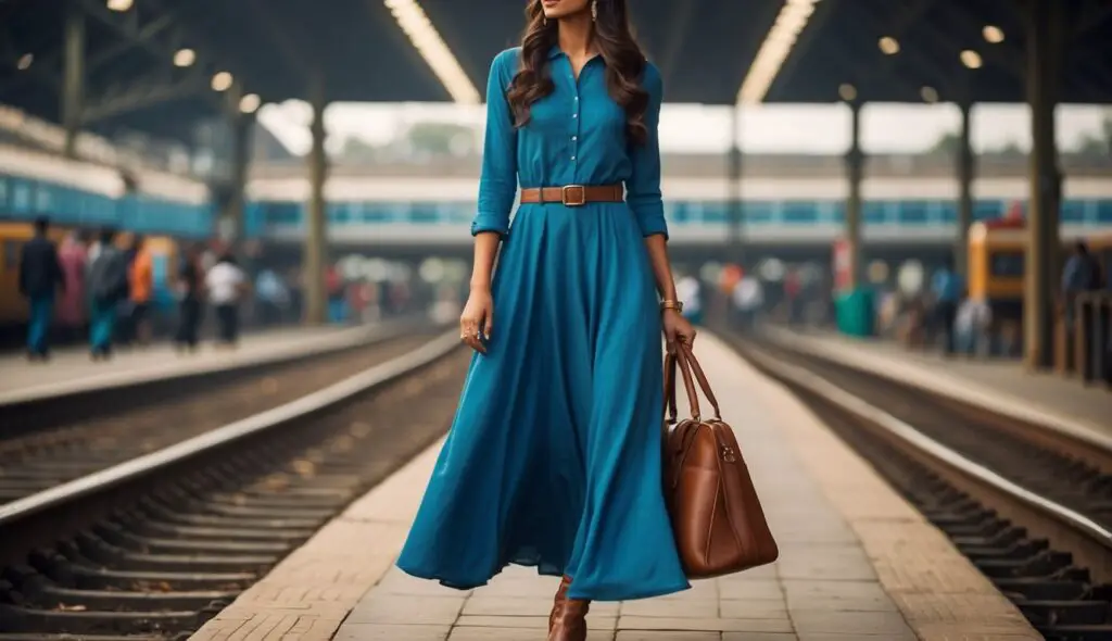 Blue Dress with Brown Boots
