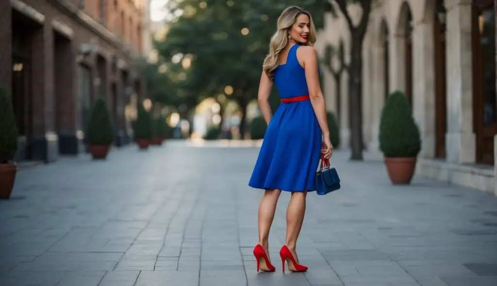 Blue Dress with Red shoes
