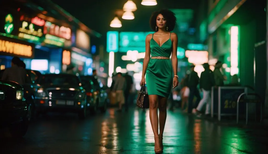 Brown girl wearing emerald green Dress with Beige Shoes in a street.