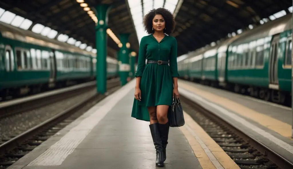 Brown girl wearing Emerald Green Dress with black below the knee boots