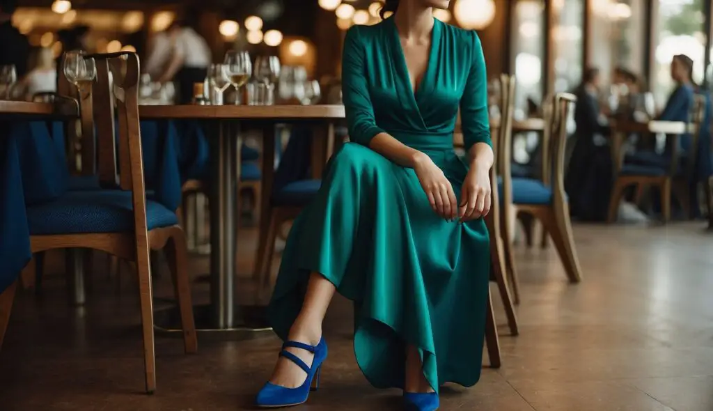 A Girl wearing Emerald Green Dress with blue heels in a restaurant backdrop