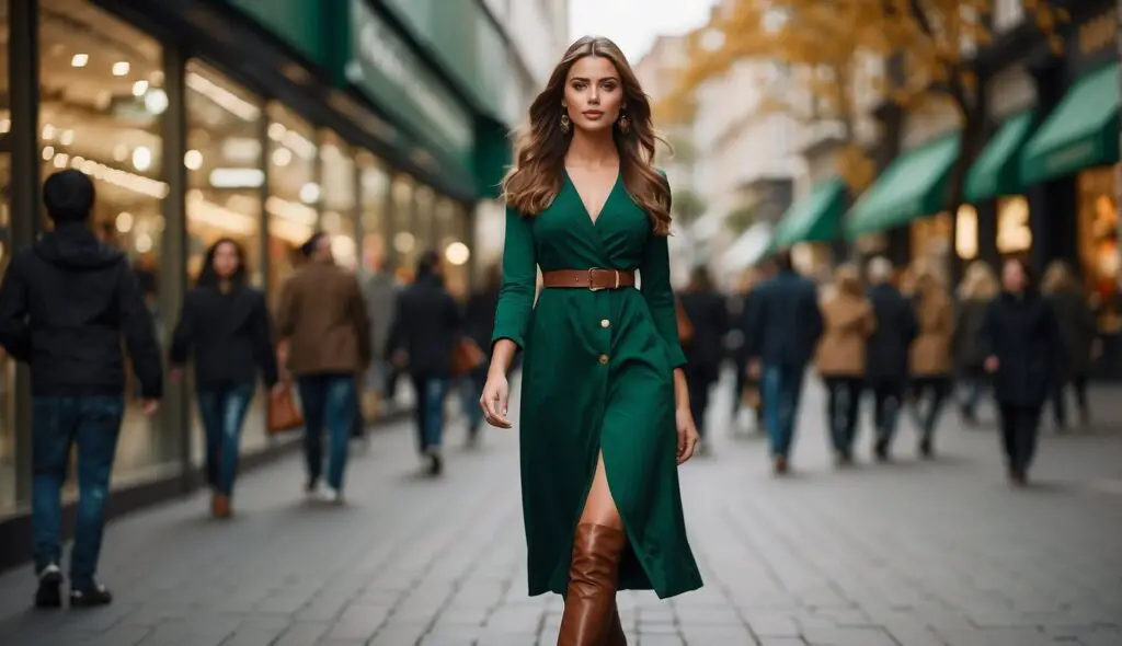 A Girl wearing Emerald Green Dress with Tan Over-the-Knee boots