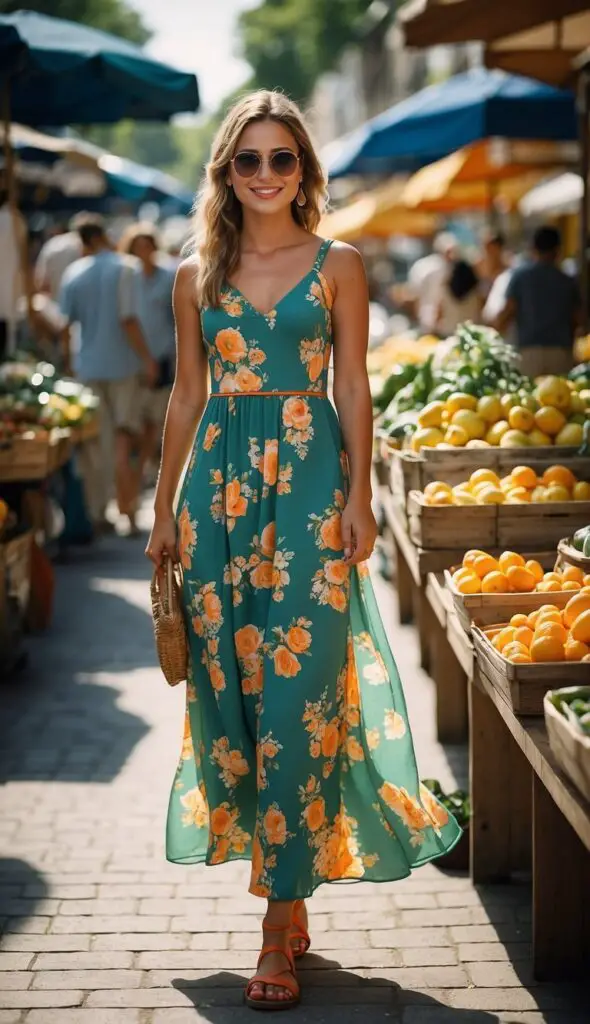 A girl wearing Floral green dress with orange sandals in a market backdrop