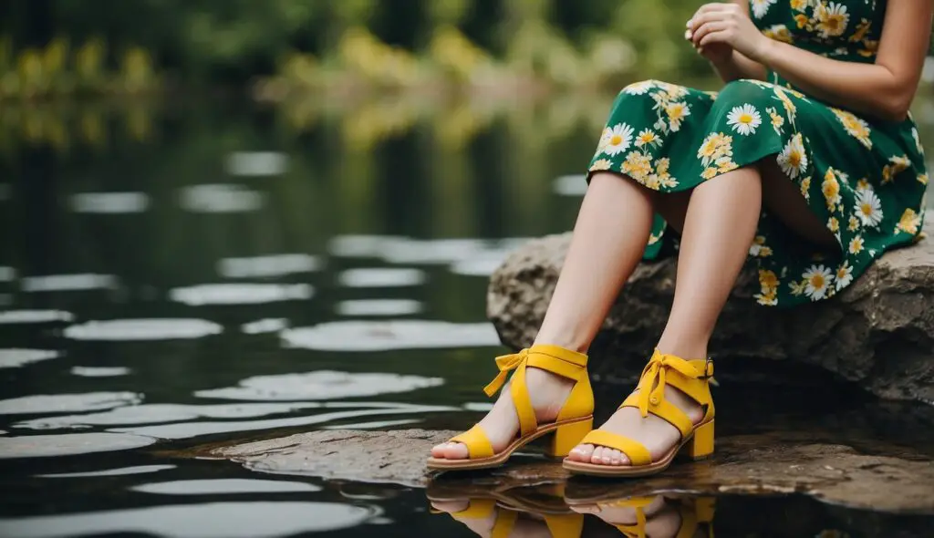 Girl wearing Floral green dress with yellow sandals in lake backdrop