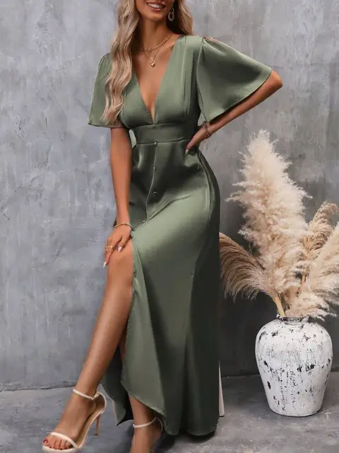 Olive Green Dress with Cream Sandals