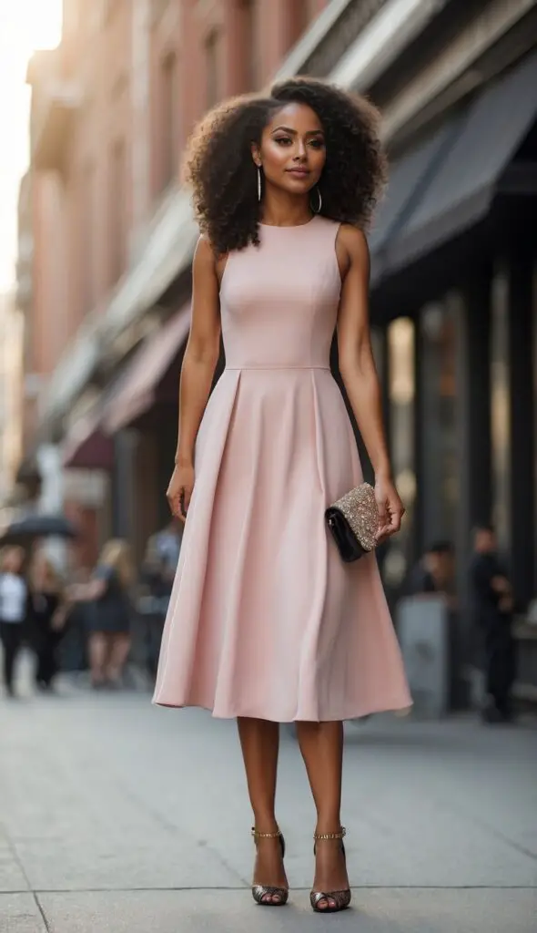 Premium Photo | Girl wears light pink dress. dark beige heel shoes. glossy  footwear and short dress. new and shiny.