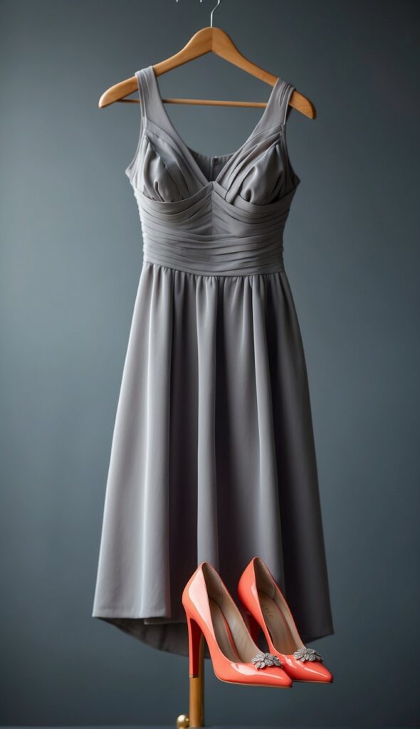 Grey Dress with Coral Shoes