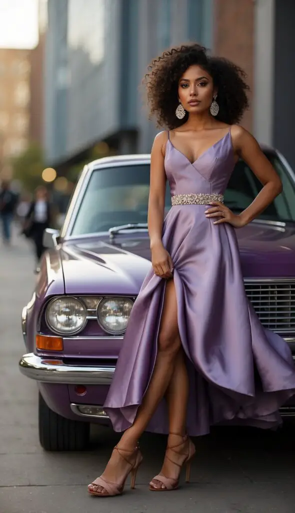 Purple Dress with Beige Shoes