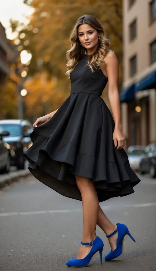 Black Dress with Cobalt Blue Heels 