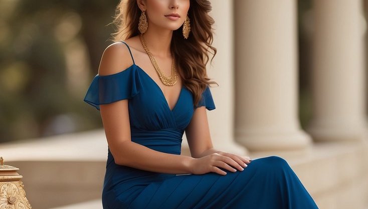 Blue Dress with Gold Accessories