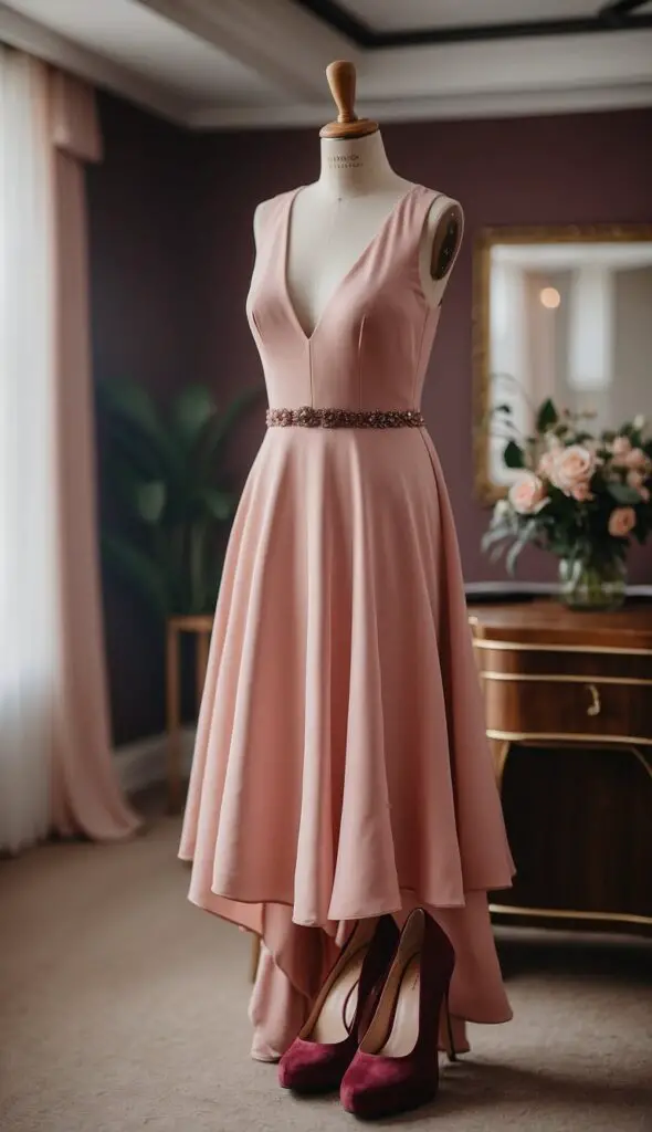 Blush Dress with Burgundy Shoes 