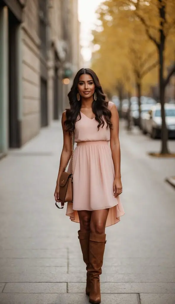 Chocolate Brown Boots with Blush Pink Dress