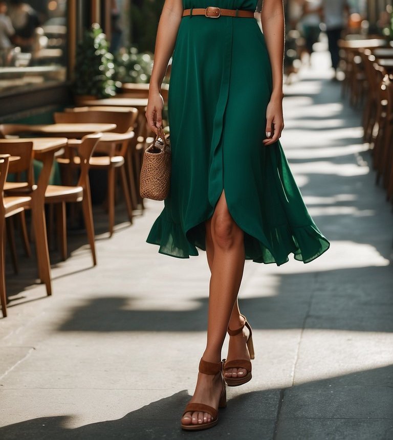 Emerald Green Dress with Brown Sandals