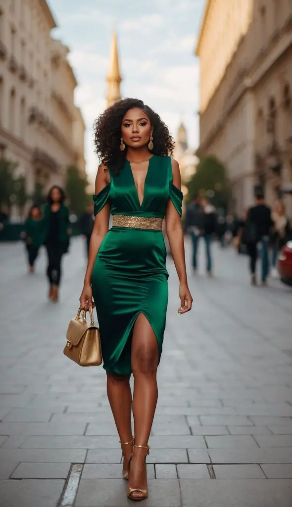 Emerald Green Dress with Golden Heels