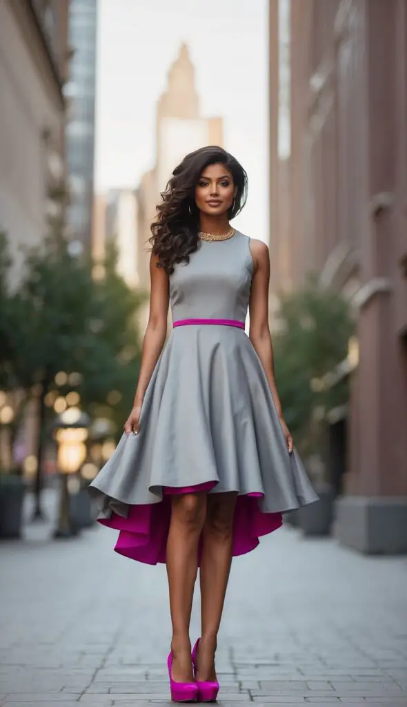 Grey Dress with Fuchsia Pink Heels 