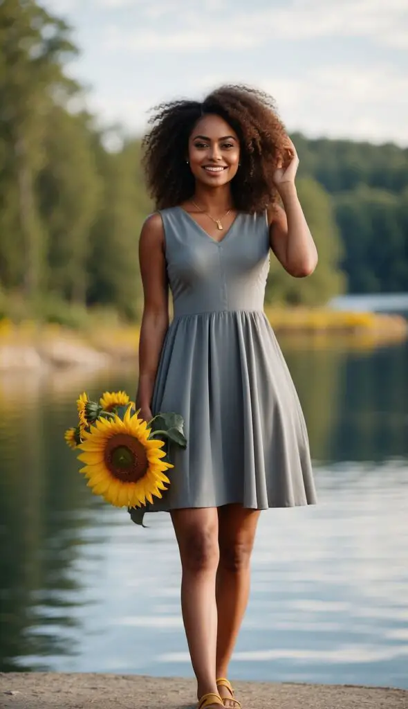 Grey Dress with Yellow Sandals