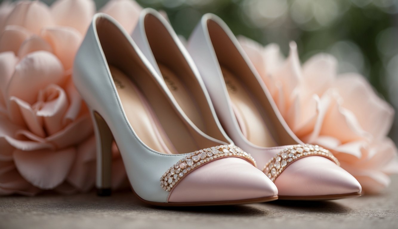 A pair of white shoes next to a blush-colored dress, creating a soft and romantic color contrast