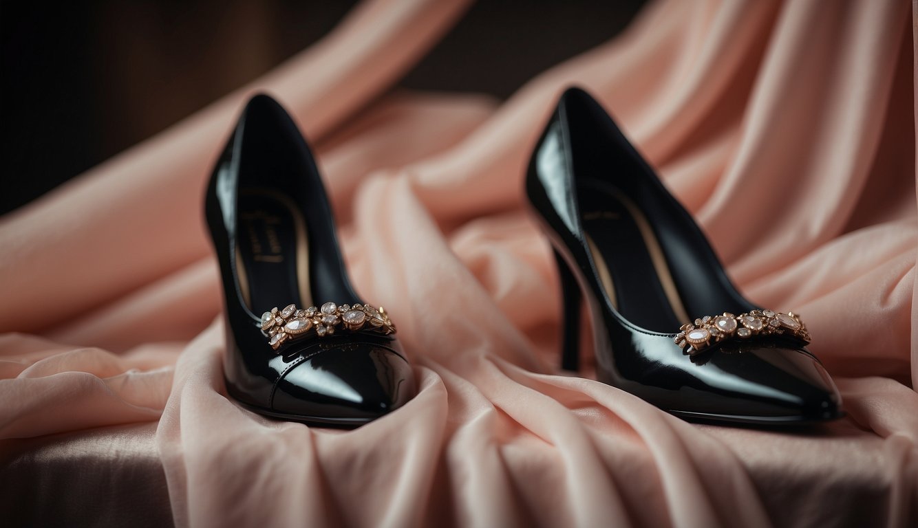 A pair of black shoes sits next to a blush-colored dress, creating a striking contrast