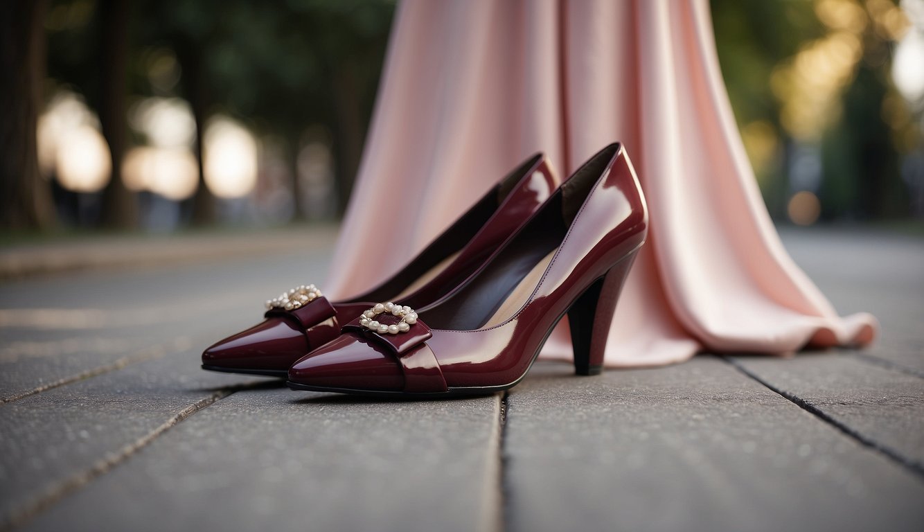 A pair of burgundy shoes placed next to a blush dress, creating a stylish color contrast