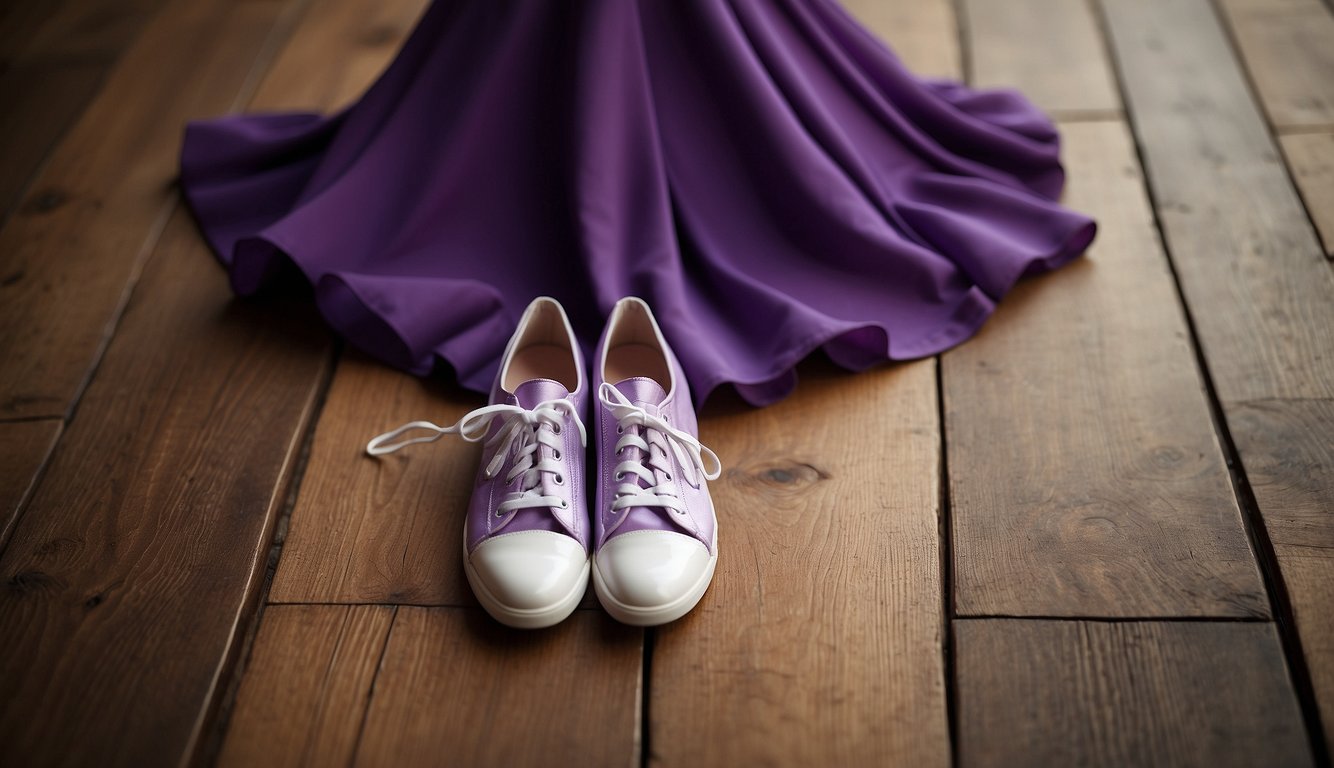 A purple dress with white shoes on a wooden floor