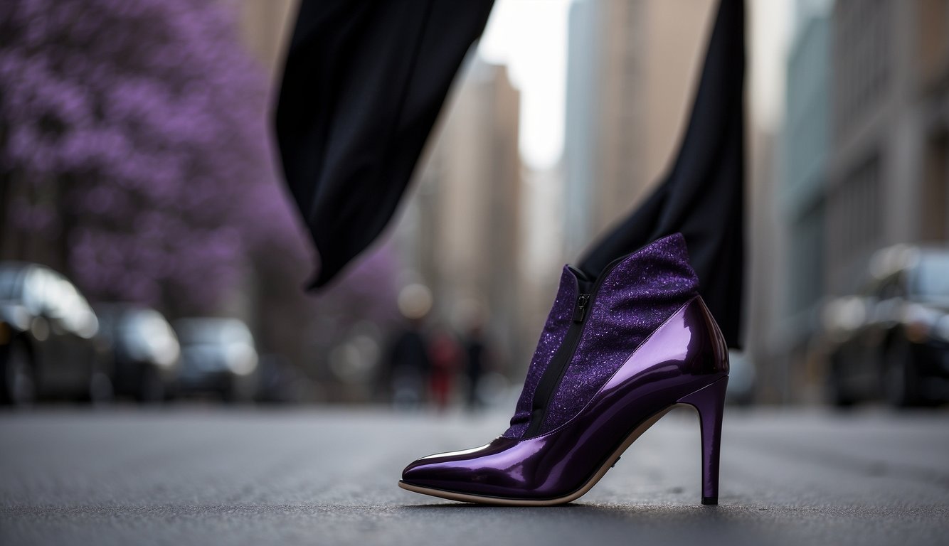 A purple dress with black shoes. The shoes are a sleek, shiny black, contrasting nicely with the deep purple of the dress
