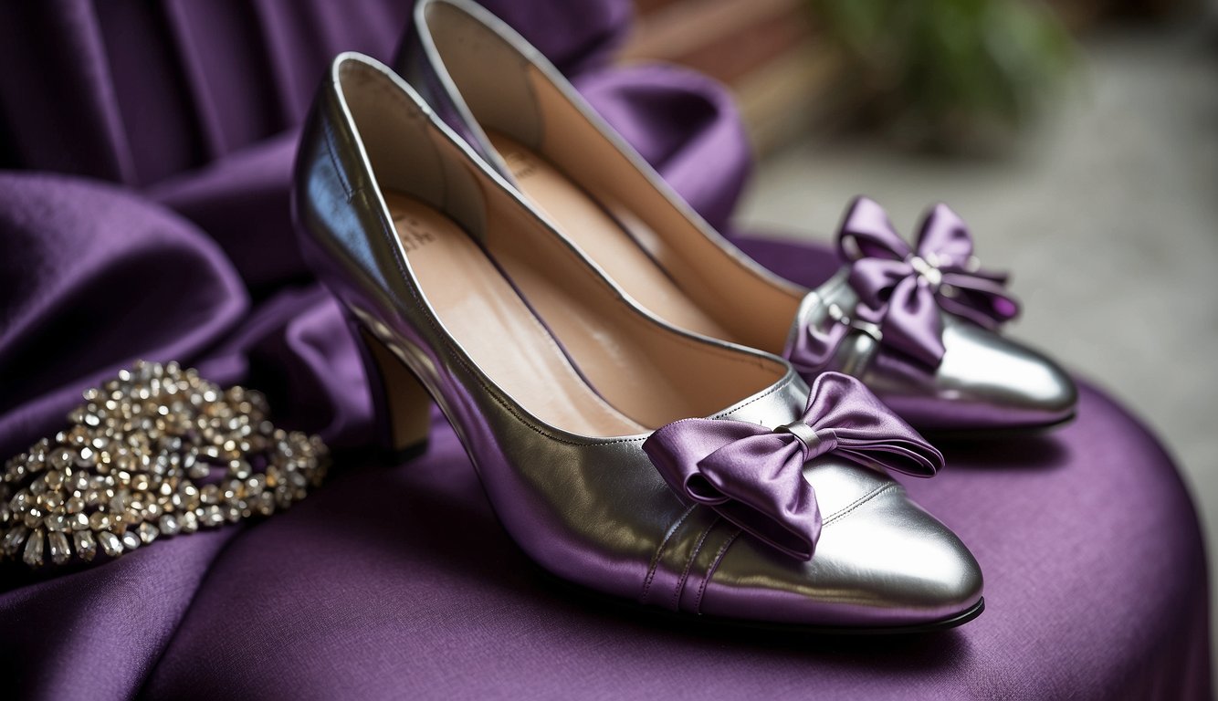 A pair of metallic shoes sits next to a vibrant purple dress, waiting to be worn