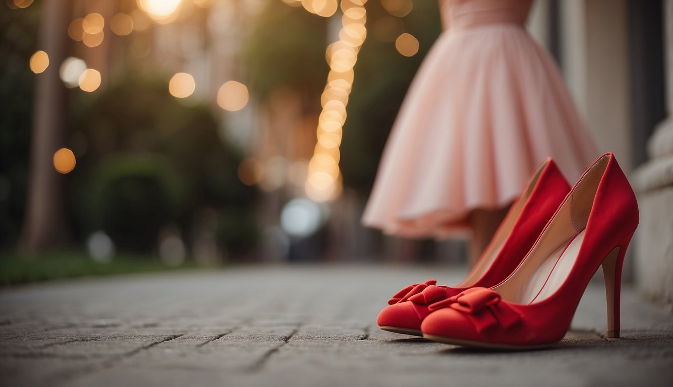 A pair of red shoes placed next to a blush-colored dress, creating a contrast in colors
